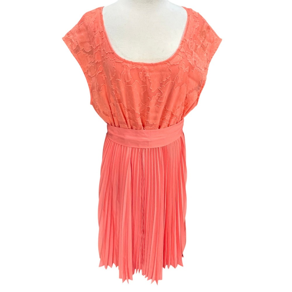 Lane Bryant Coral Lace Floral Burnout Pleated Dress NWT Plus Sz 18/20 Boxy Tie‎